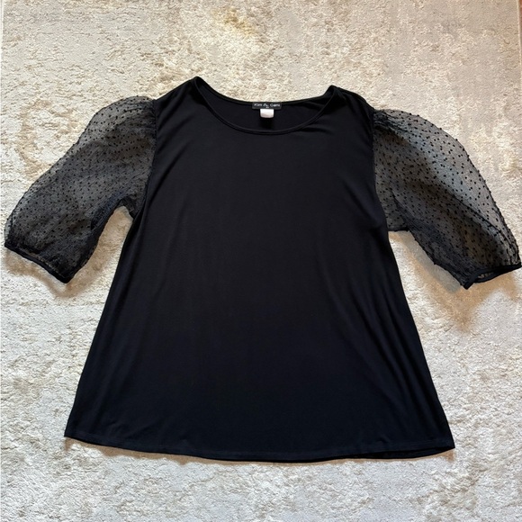 Kim & Cami Polka Dot Mesh Short Puff Sleeve Black Top Size 2X - Picture 2 of 9